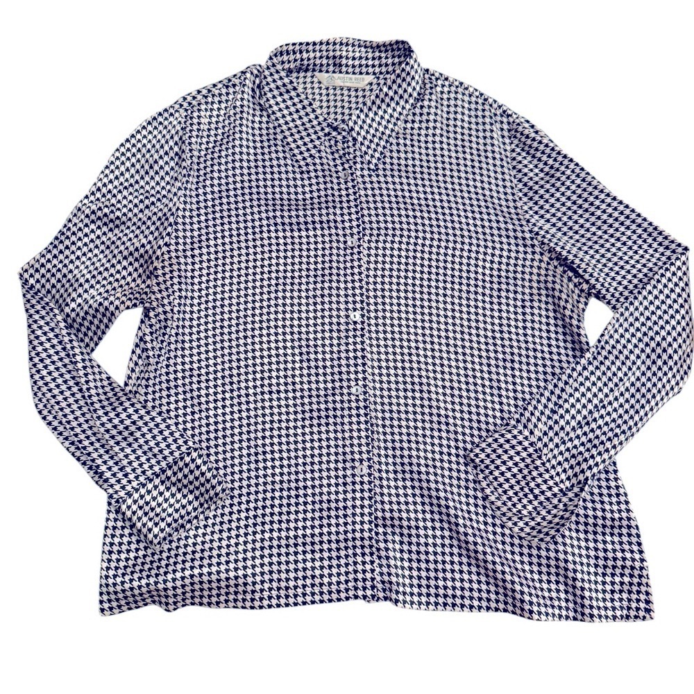 Austin Reed Navy Ivory Houndstooth Blouse Size Large Chic Classic Button Up